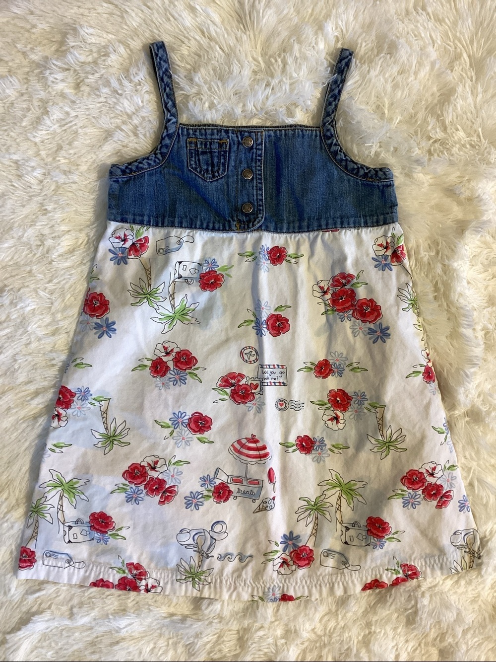 Carter’s cotton sleeveless denim and white floral dress. Girl’s size 5